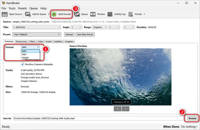 Интерфейс HandBrake с выбранным контейнером MP4