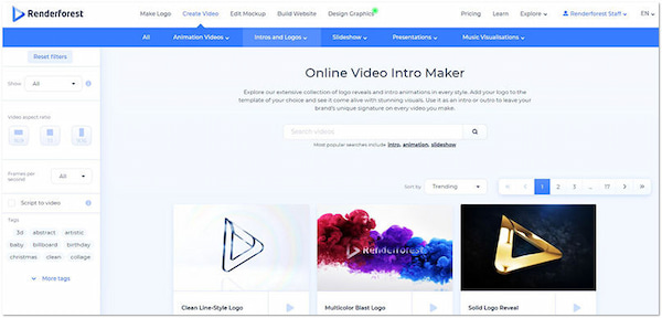 Интерфейс Renderforest Intro Maker с настройкой шаблона заставки