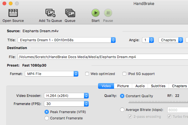 Панель Video в HandBrake с видеокодеком H.264 x264 и режимом Constant Quality