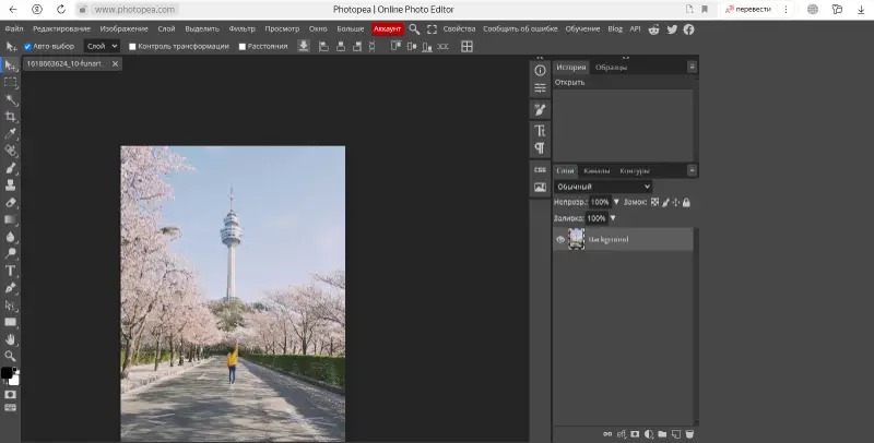 Интерфейс Photopea с панелью инструментов, холстом и слоями