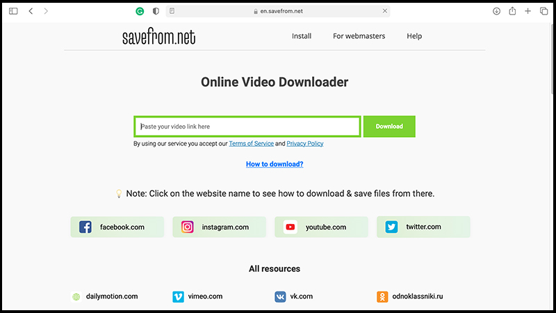 Поле вставки ссылки на видео в SaveFrom.net
