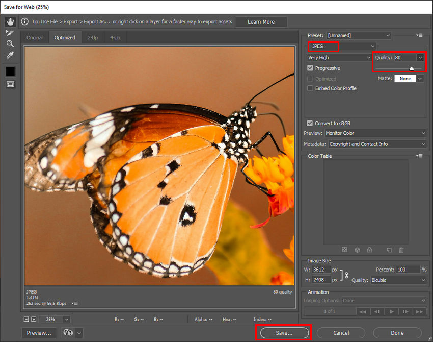Диалог Save for Web в Adobe Photoshop с настройкой JPEG