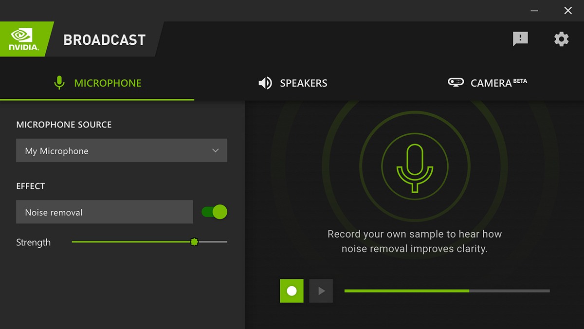 Интерфейс NVIDIA Broadcast с аудиоэффектами микрофона