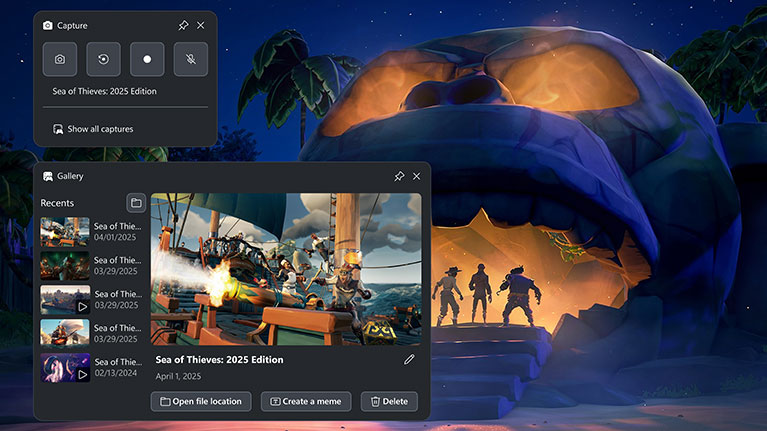 Xbox Game Bar с виджетами Capture и Gallery поверх игры