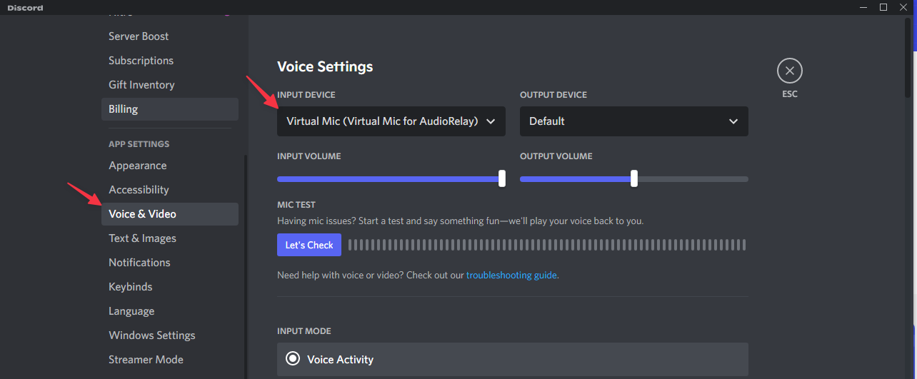 Выбор Virtual Mic for AudioRelay в настройках входного устройства Discord