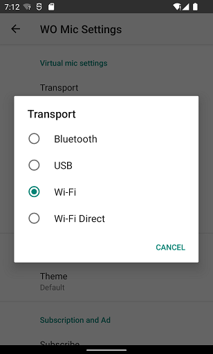 Выбор транспорта Bluetooth USB Wi-Fi и Wi-Fi Direct в WO Mic на Android