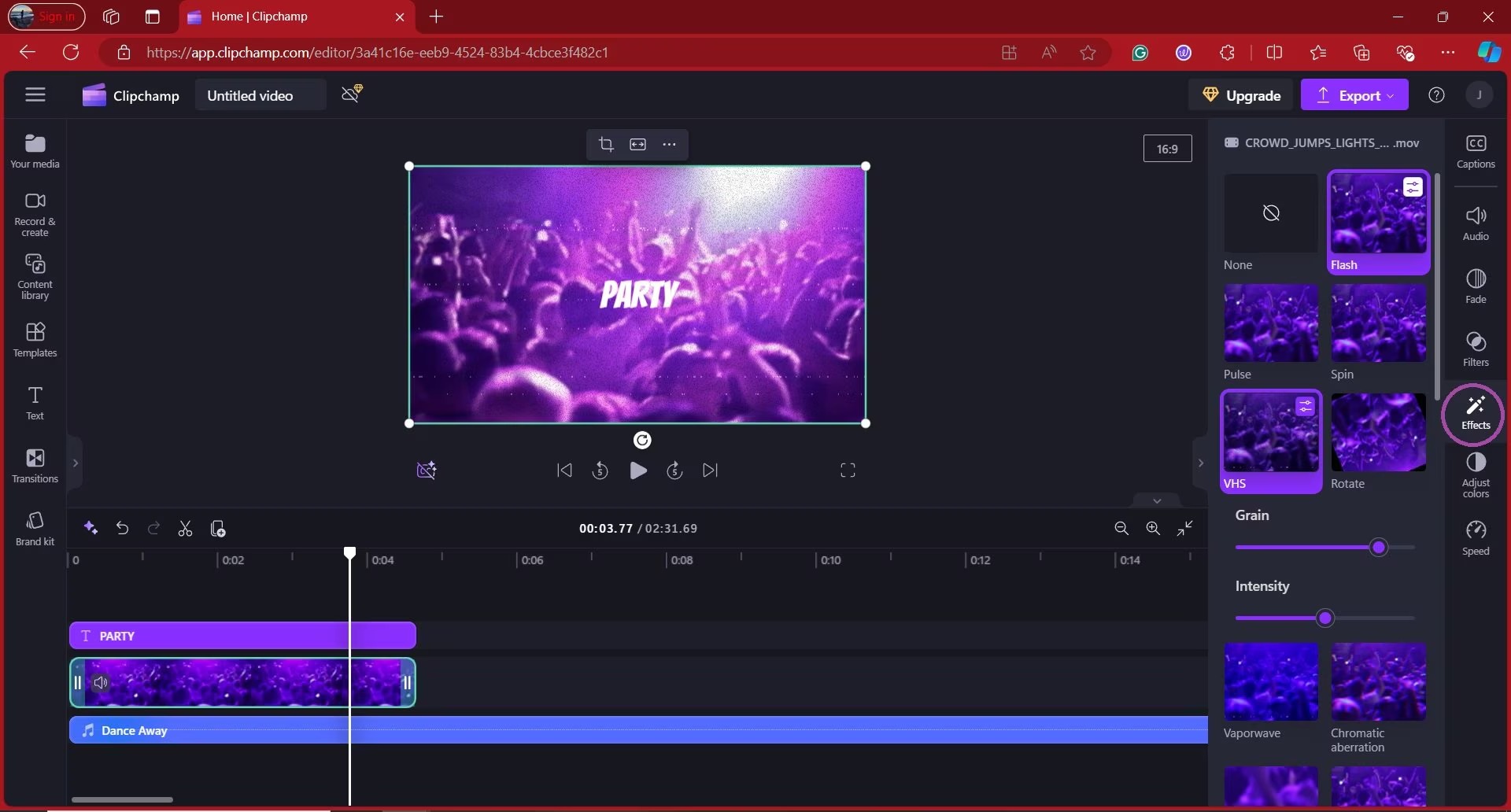 Панель Effects в Microsoft Clipchamp