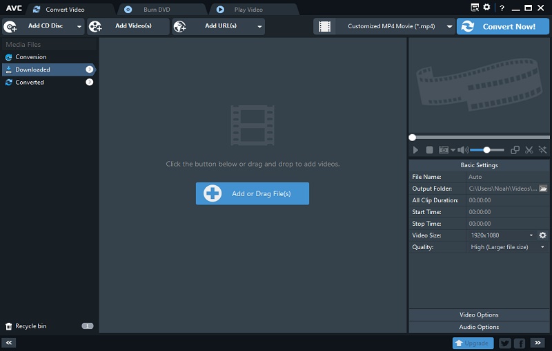 Интерфейс Any Video Converter с панелью настроек видео и кнопкой Convert Now