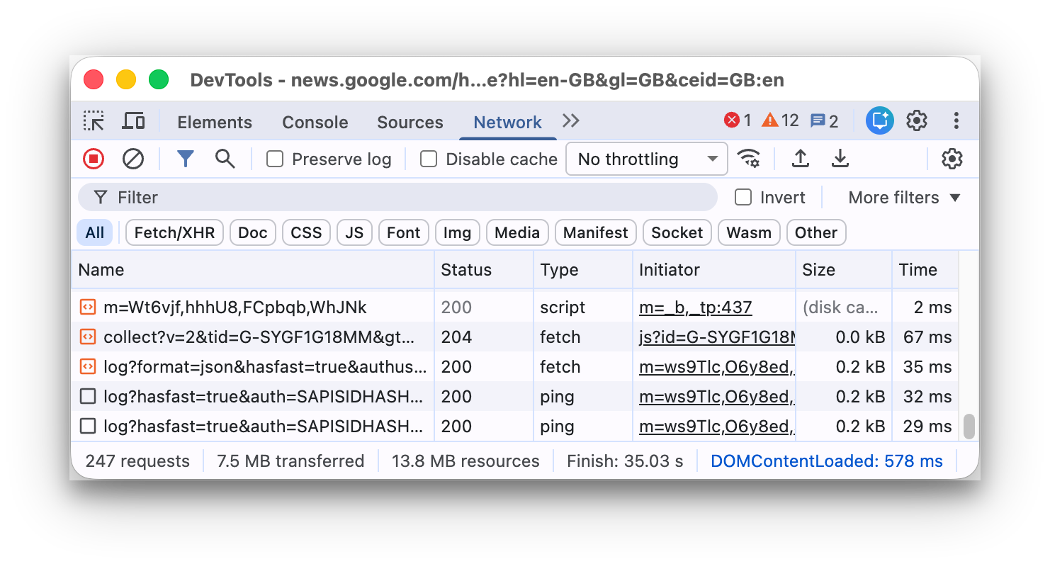 Панель Network в Chrome DevTools
