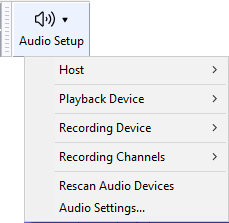 Меню Audio Setup в Audacity с выбором устройств записи и воспроизведения