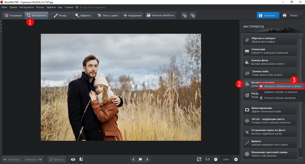 Инструмент вставки картинки в ФотоМАСТЕРЕ
