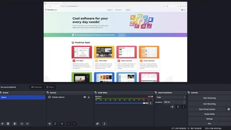 Интерфейс OBS Studio со сценой, источниками и аудиомикшером