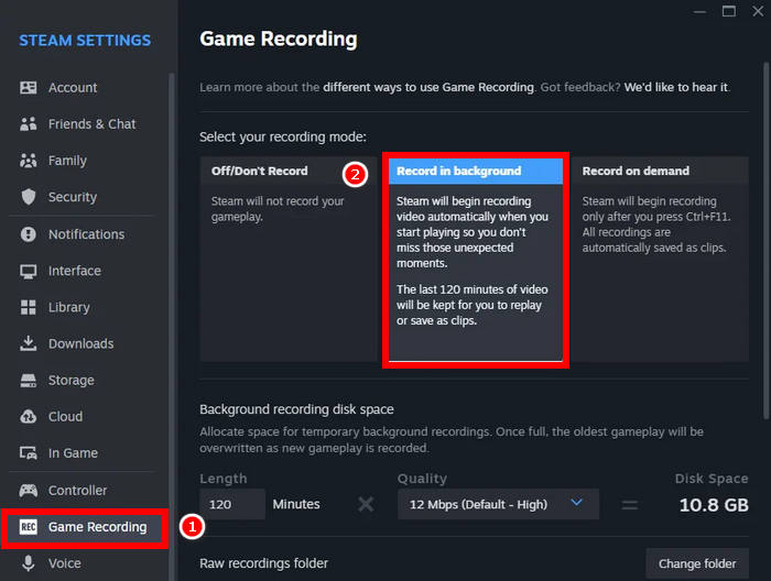 Настройки Steam Game Recording с режимами фоновой записи и записи по требованию