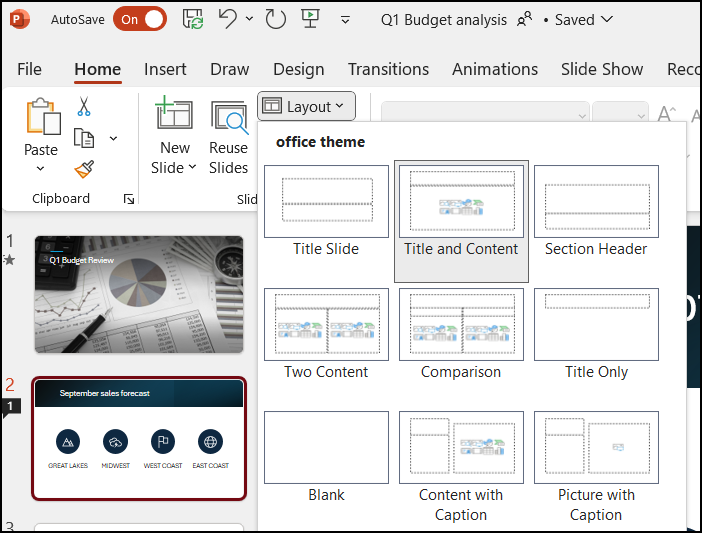 Меню выбора макета слайда в PowerPoint