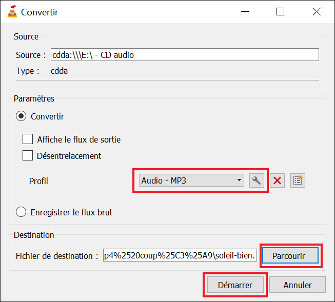 Окно Convert VLC с профилем Audio MP3 и выбором выходного файла