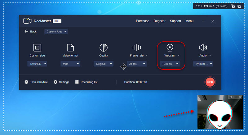 Интерфейс RecMaster с включением веб-камеры при записи выбранной области