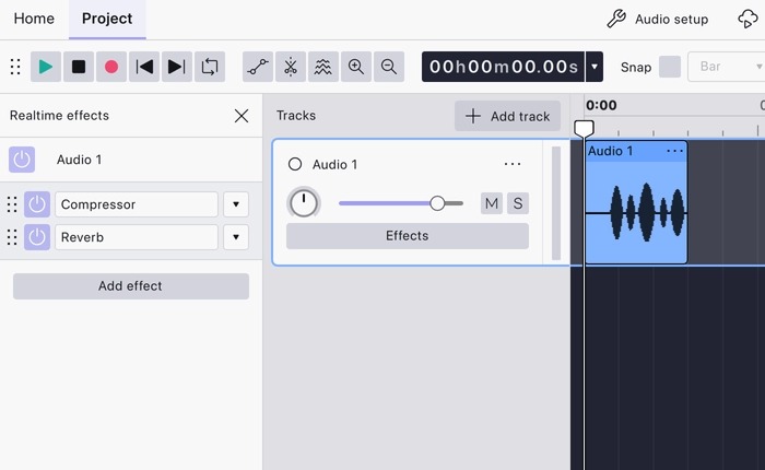 Панель Realtime effects в Audacity 4 с добавленными Compressor и Reverb