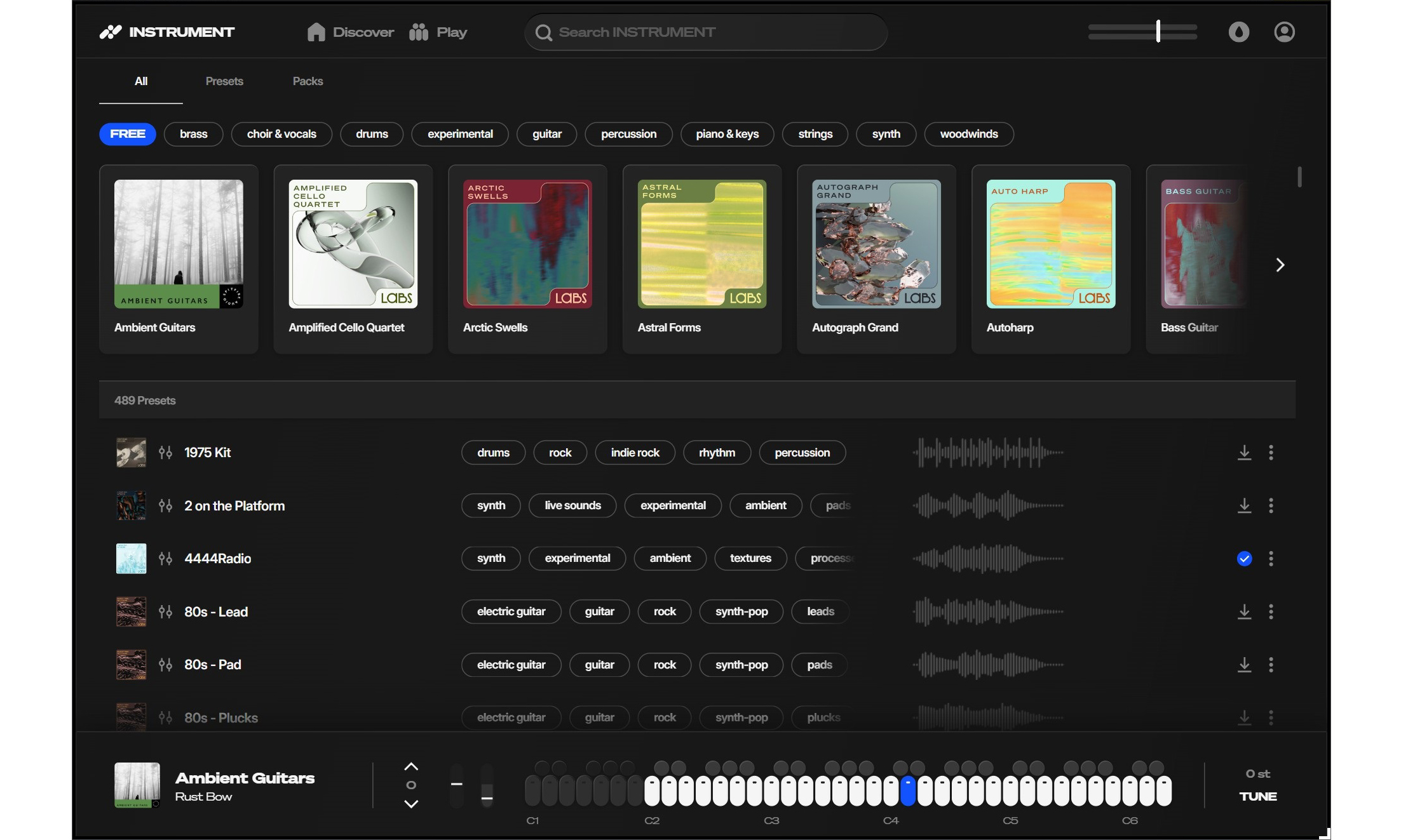 Интерфейс Splice INSTRUMENT с библиотекой LABS и фильтрами пресетов