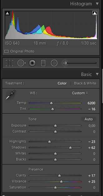Панели гистограммы и базовой обработки RAW в Adobe Lightroom