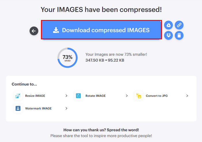 Экран результата iLoveIMG с кнопкой Download compressed images