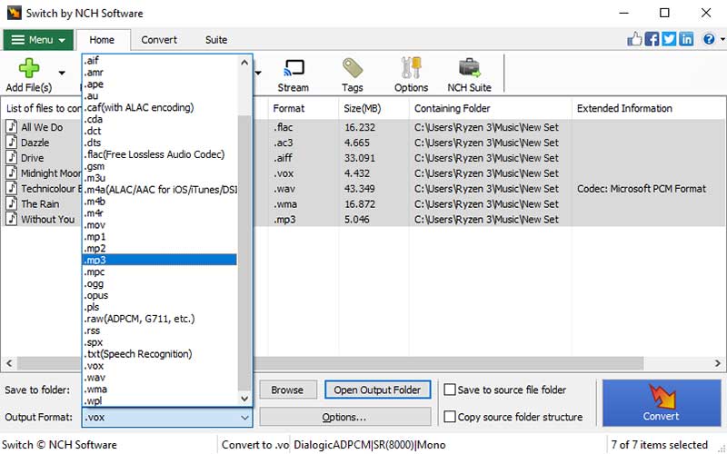 Главное окно NCH Switch со списком аудиоформатов и кнопкой Convert