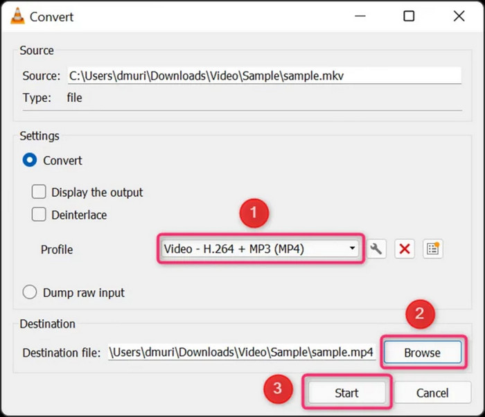 Окно Convert в VLC media player с профилем H.264 MP4 и выбором файла назначения