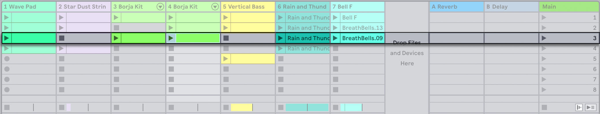 Session View в Ableton Live 12 с клипами и сценами