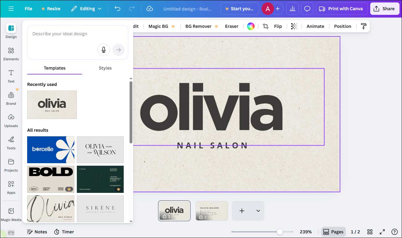 Редактор Canva с открытым шаблоном визитки и панелью готовых вариантов