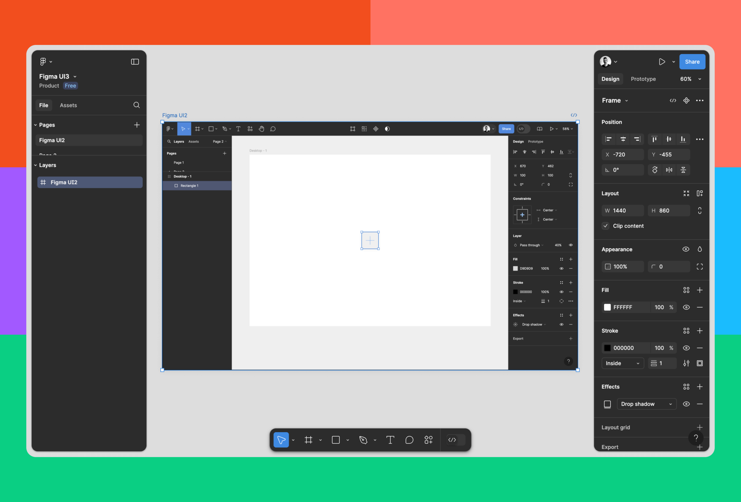 Интерфейс Figma Design с холстом, слоями и панелью свойств