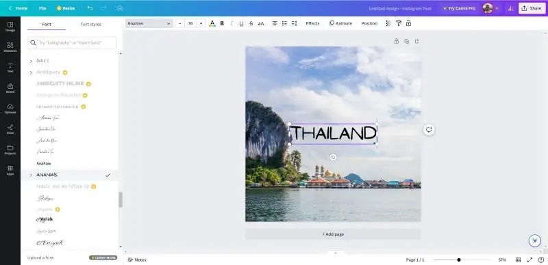 Редактор Canva с выделенной надписью на фотографии