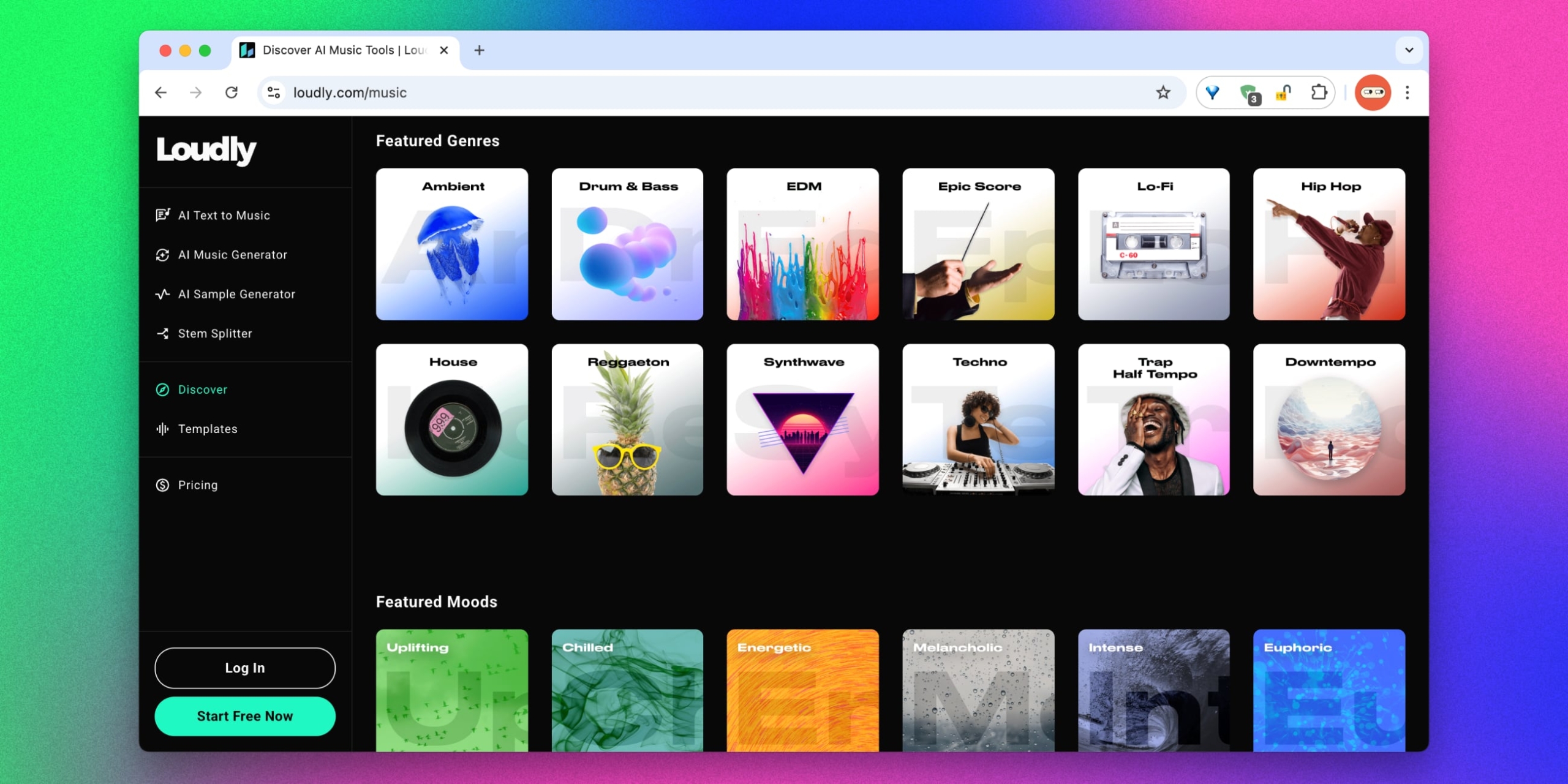 Интерфейс Loudly с AI Text to Music, Music Generator и Stem Splitter