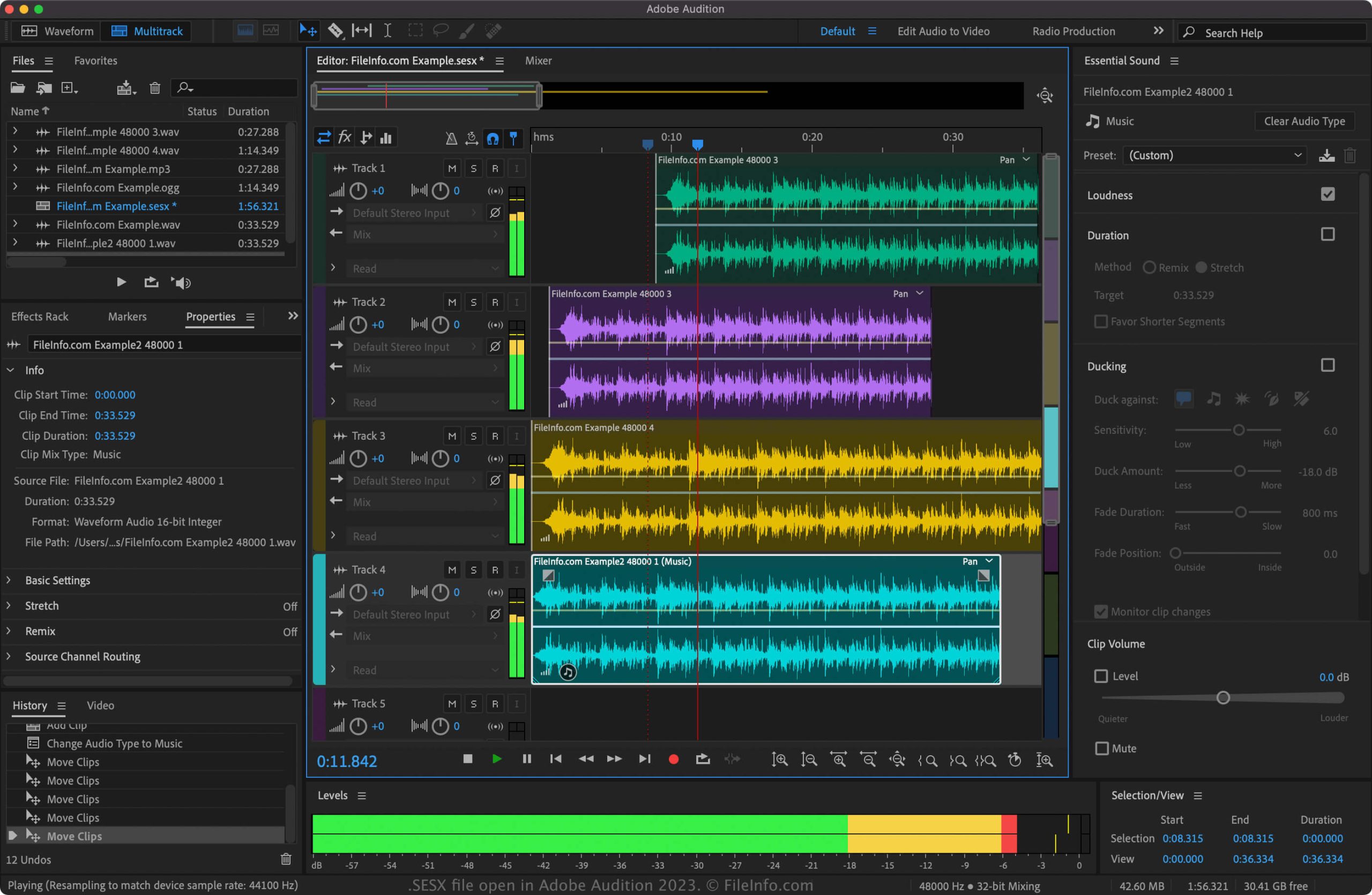 Многодорожечная сессия Adobe Audition с несколькими аудиоклипами на таймлайне