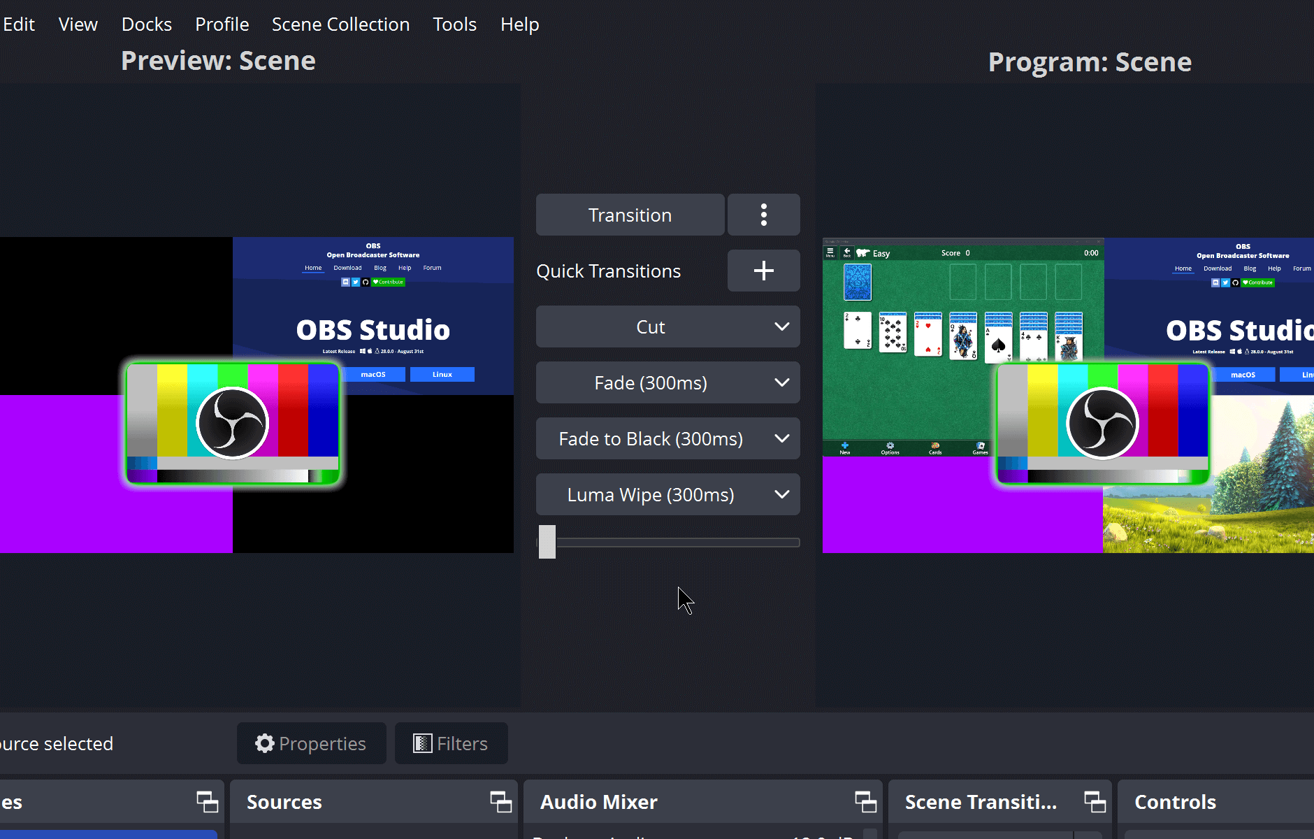 Интерфейс OBS Studio в режиме Studio с окнами Preview и Program