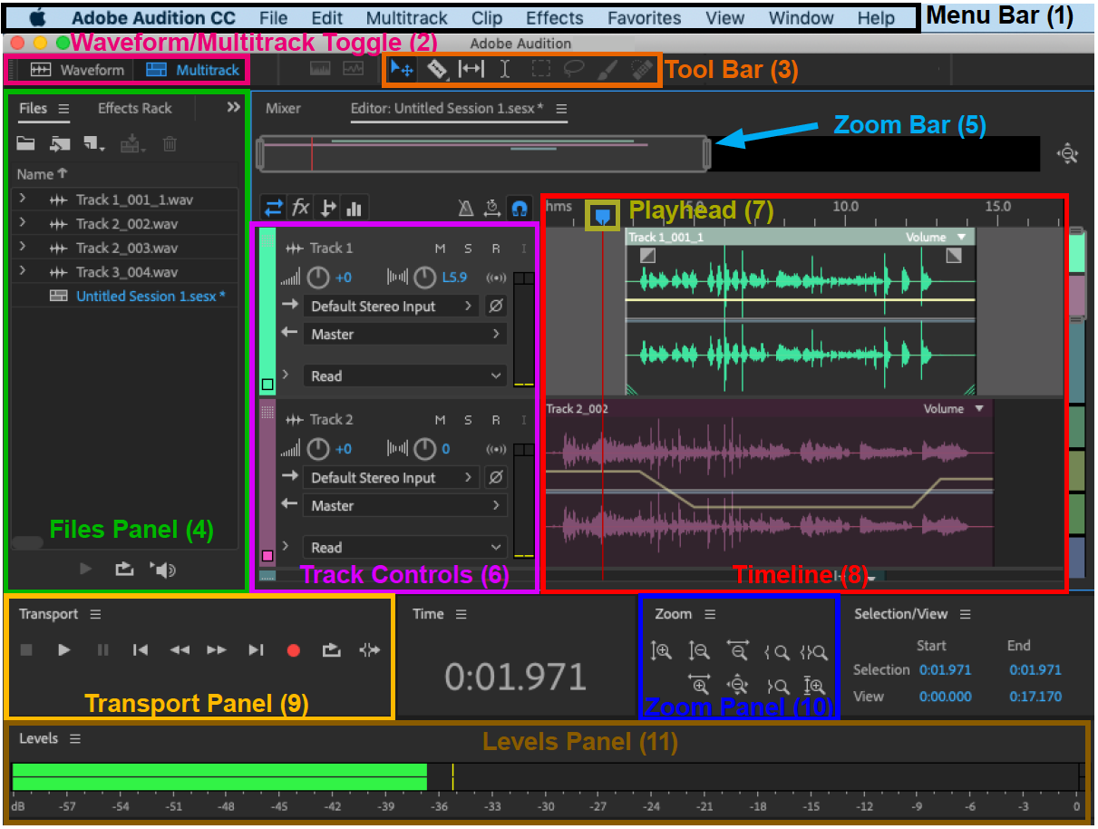 Многодорожечный интерфейс Adobe Audition
