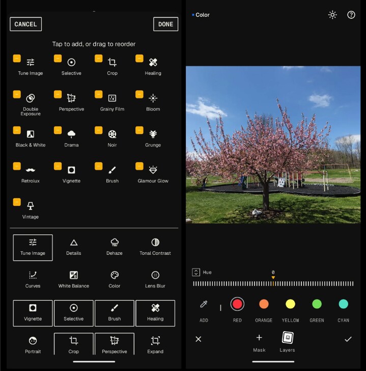 Интерфейс Snapseed 4 с сеткой инструментов и локальной коррекцией