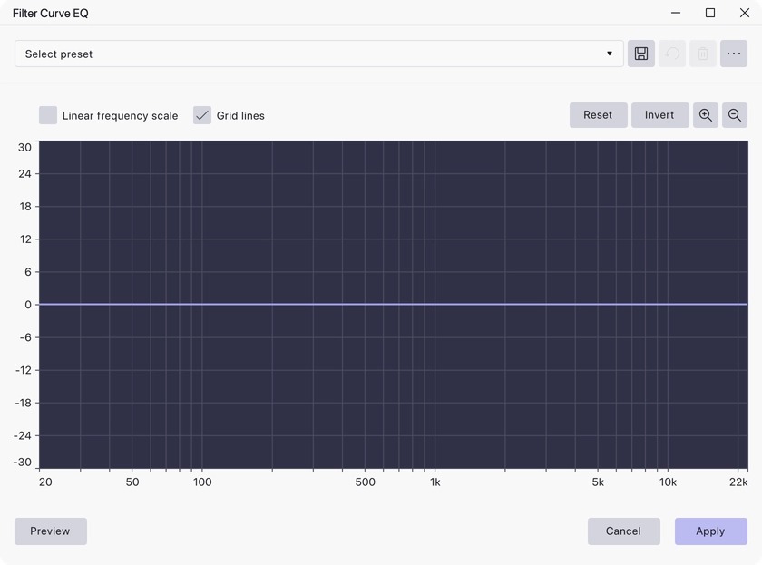 Окно Filter Curve EQ в Audacity 4 для изменения частотной характеристики