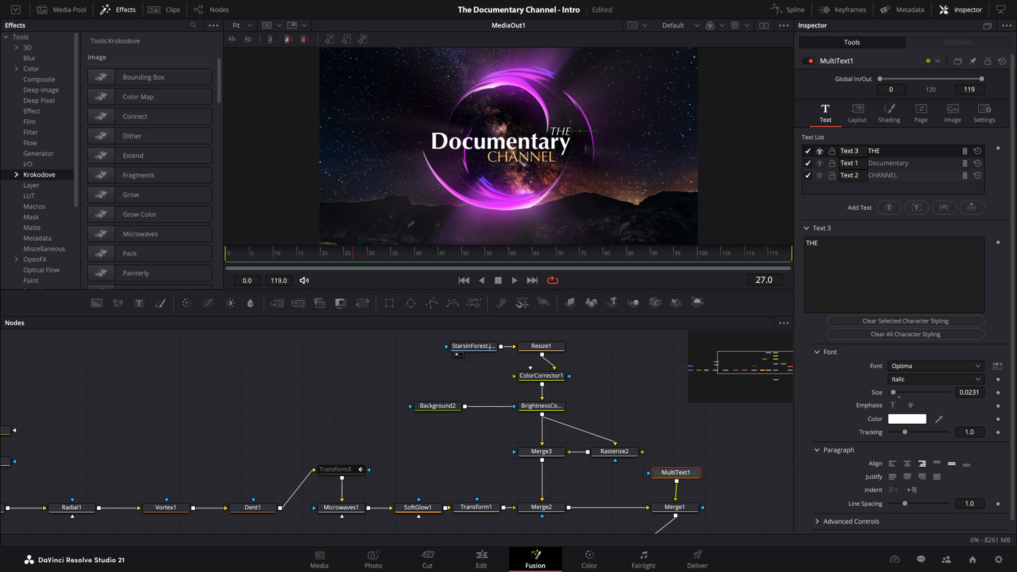Рабочая страница Fusion в DaVinci Resolve 21 с узлами и Inspector