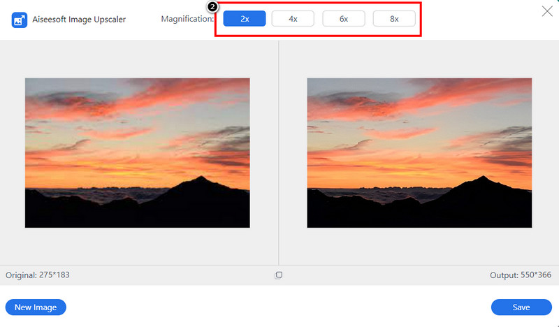 Выбор увеличения в Aiseesoft Image Upscaler Online