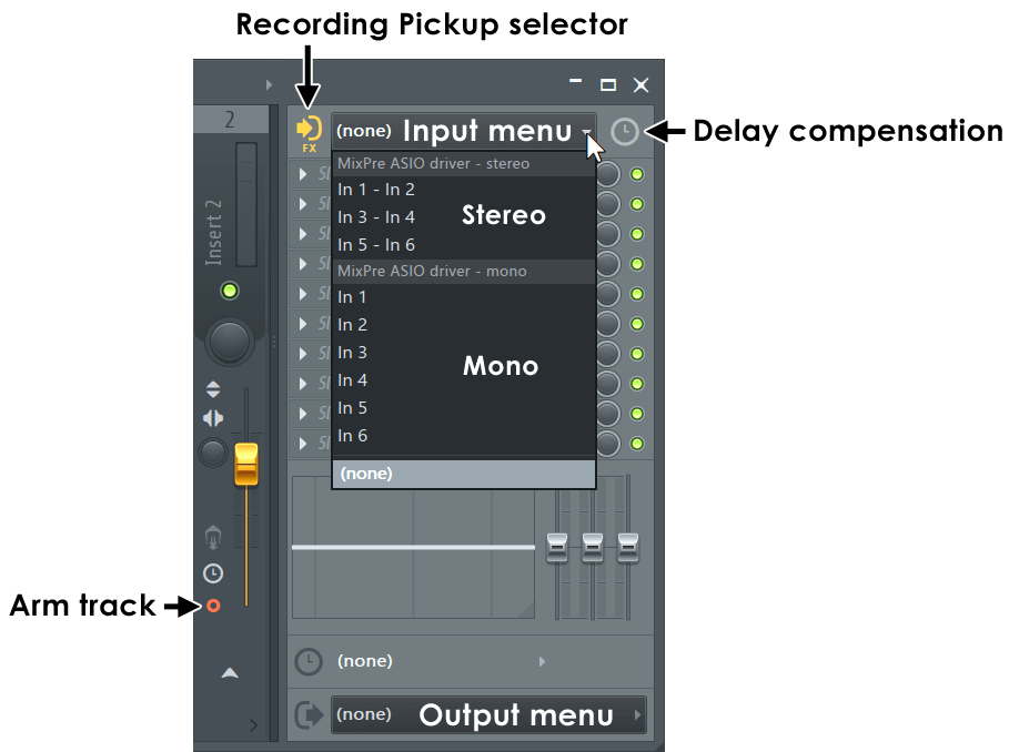 Меню выбора внешнего аудиовхода на канале Mixer в FL Studio