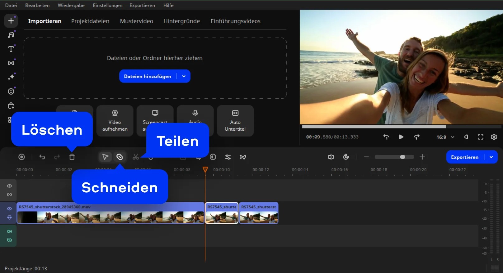 Временная шкала Movavi Video Editor с инструментами Split и Delete