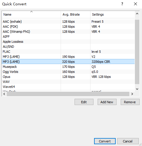 Окно Quick Convert foobar2000 с вариантом MP3 LAME 320 kbps