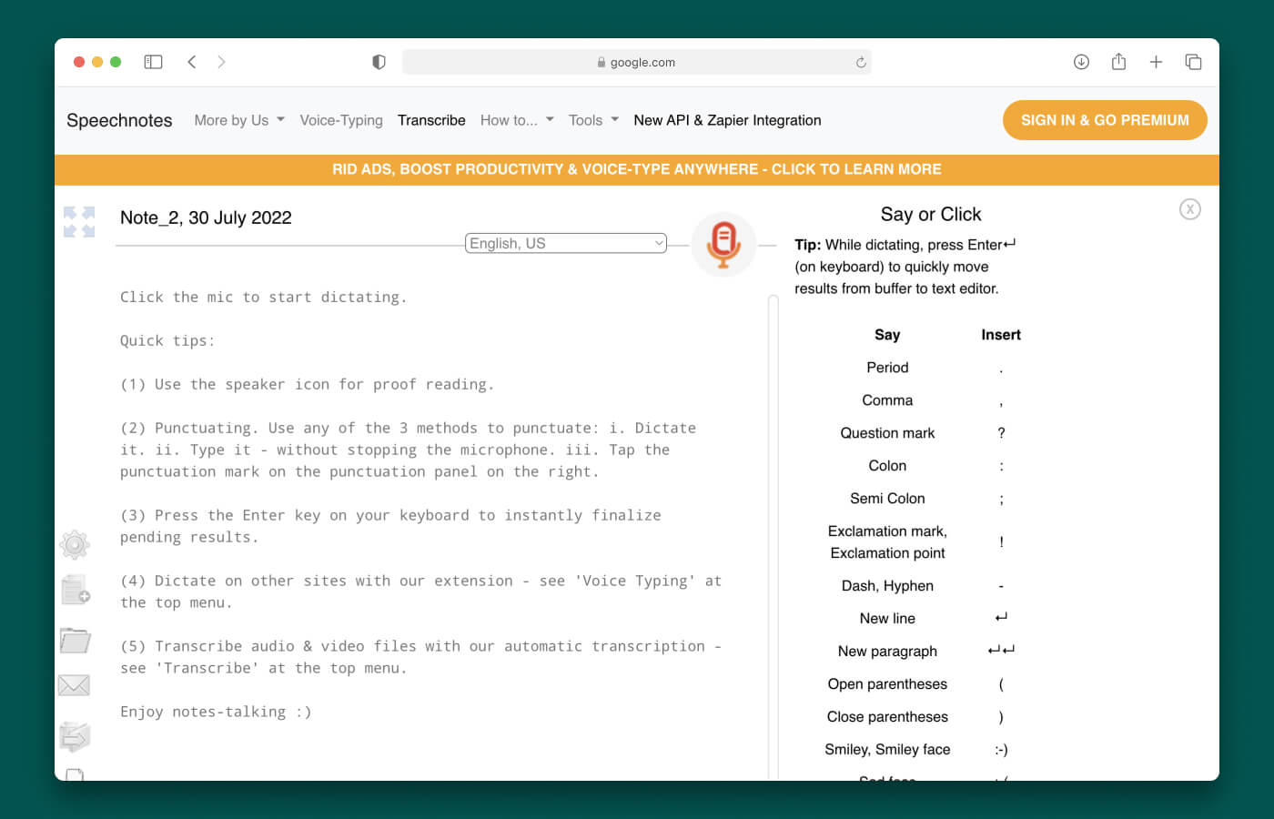 Веб-интерфейс Speechnotes с полем заметки, микрофоном и панелью голосовых команд