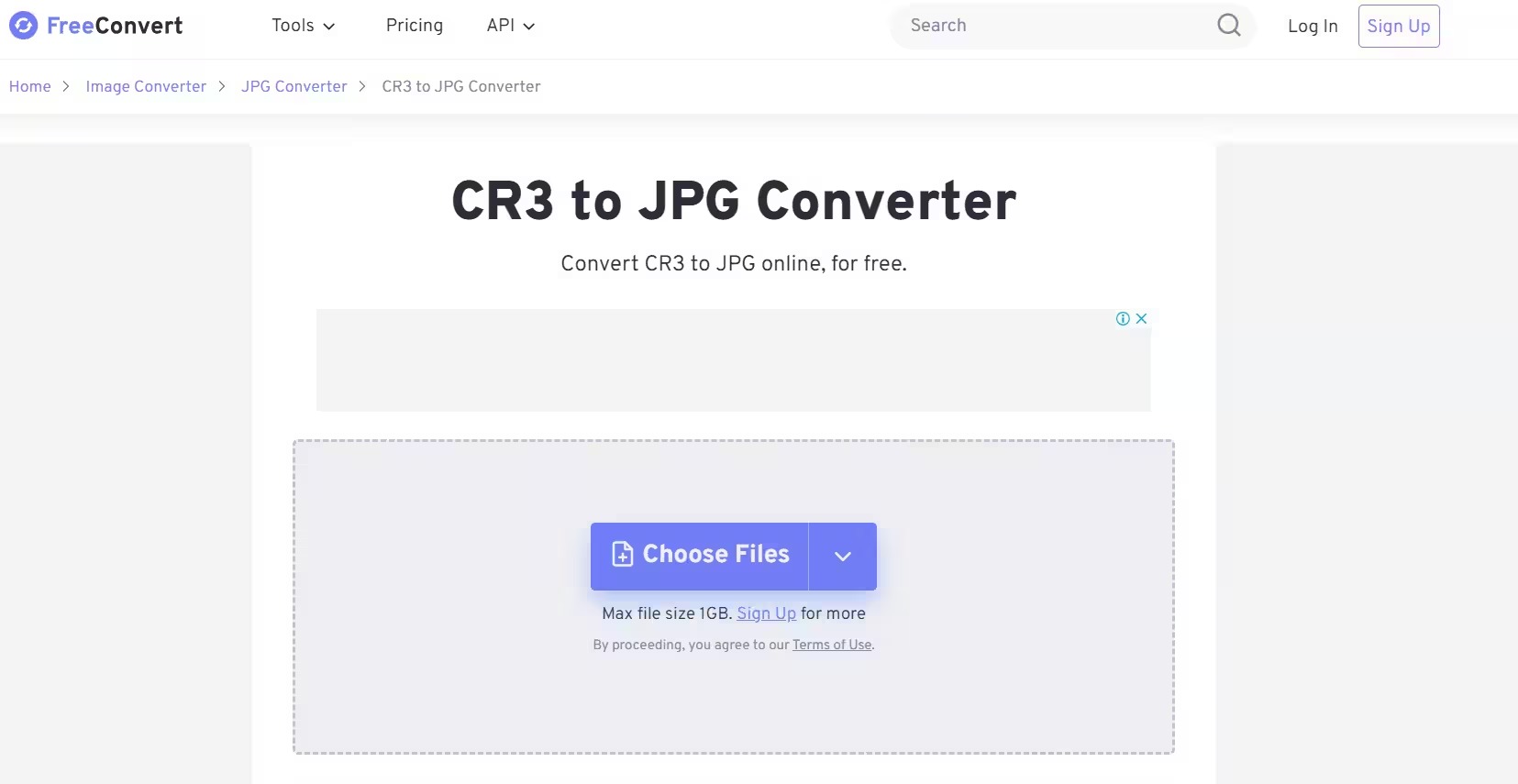 Страница FreeConvert CR3 to JPG с кнопкой Choose Files