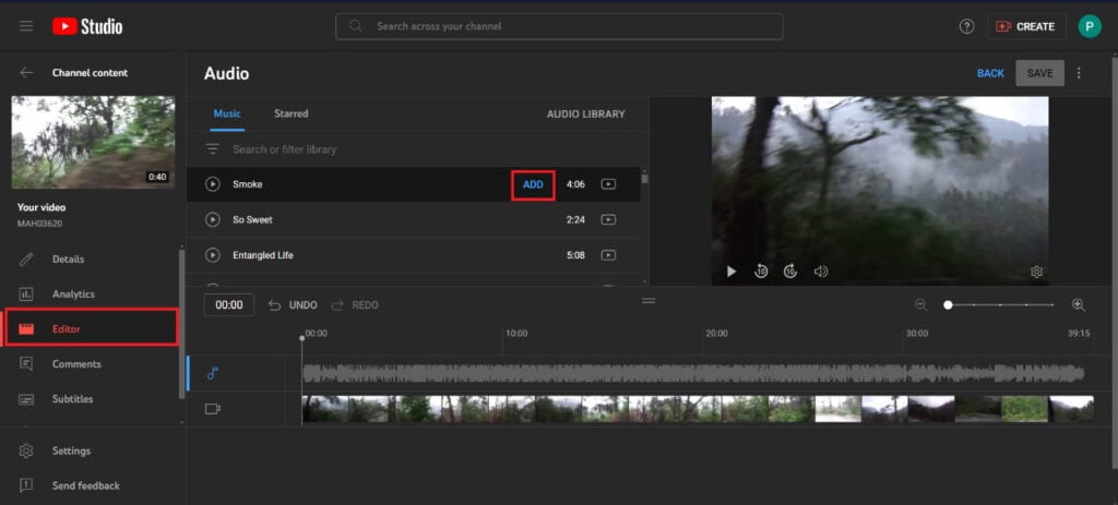 Панель Audio и таймлайн в редакторе YouTube Studio