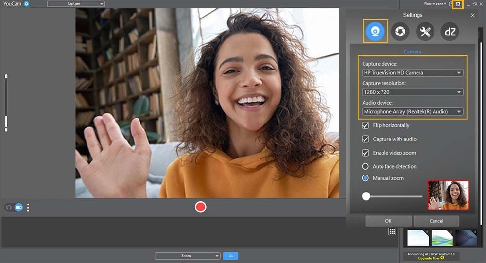 Интерфейс CyberLink YouCam с предпросмотром камеры и настройкой источника