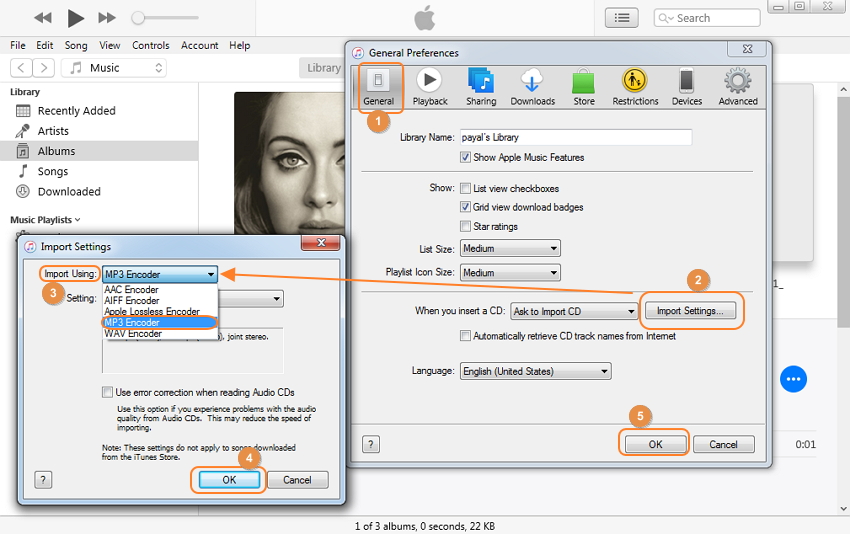 iTunes для Windows с окном Import Settings и выбранным MP3 Encoder