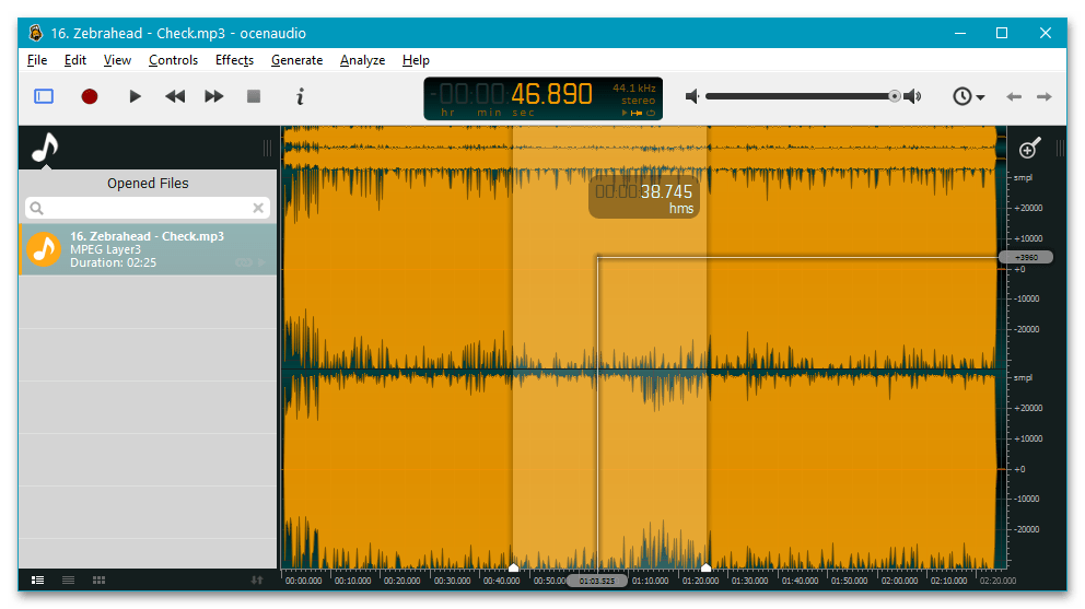 Интерфейс ocenaudio с волновой формой аудиофайла