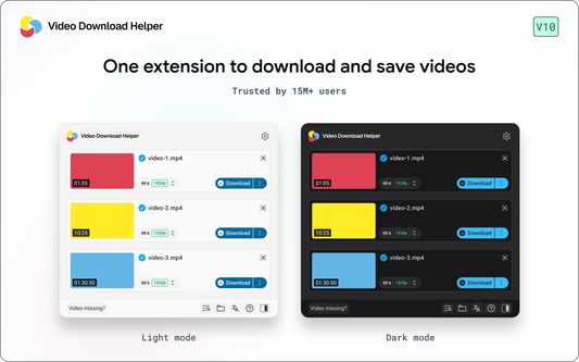 Всплывающее окно Video Download Helper со списком найденных видео и кнопками загрузки