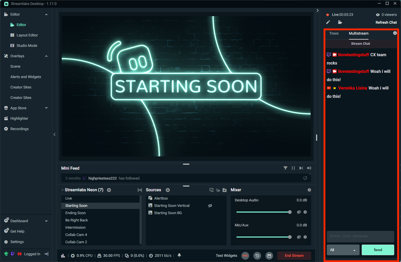 Интерфейс Streamlabs Desktop в режиме Dual Output