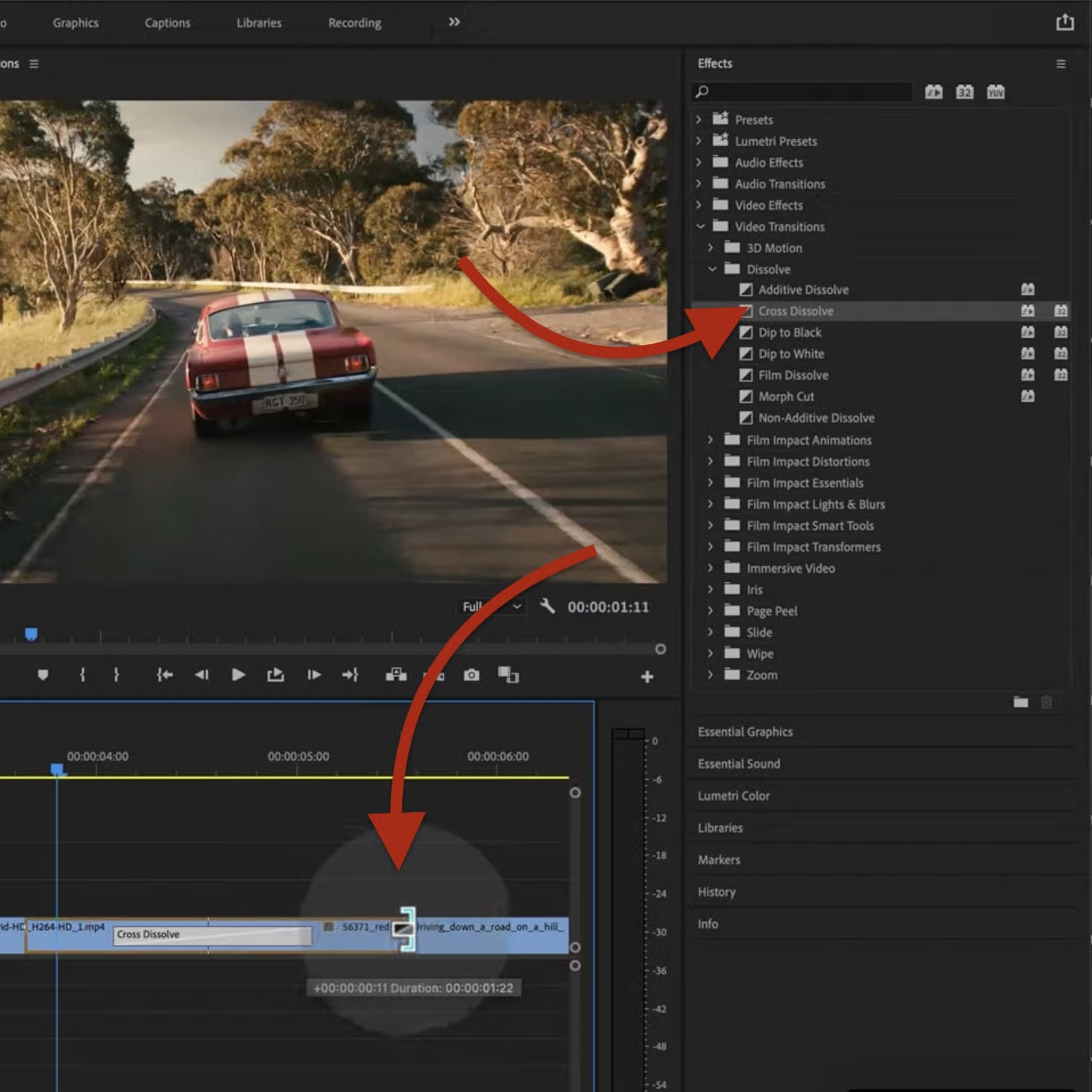 Cross Dissolve в панели Effects Adobe Premiere Pro
